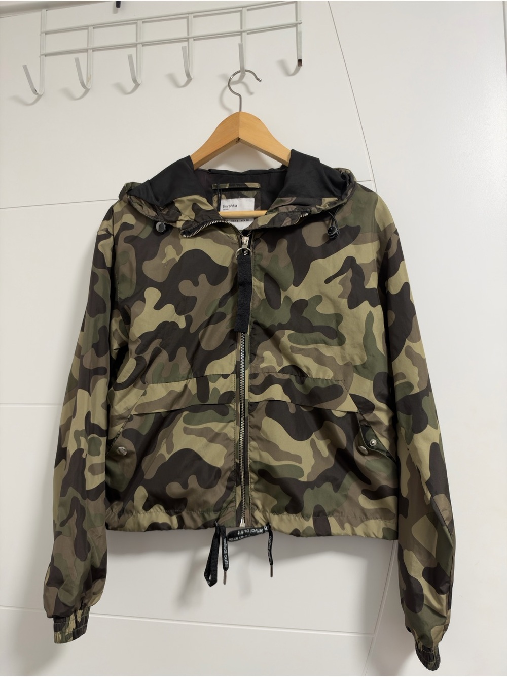 Bershka Green Camouflage Hooded Windbreaker